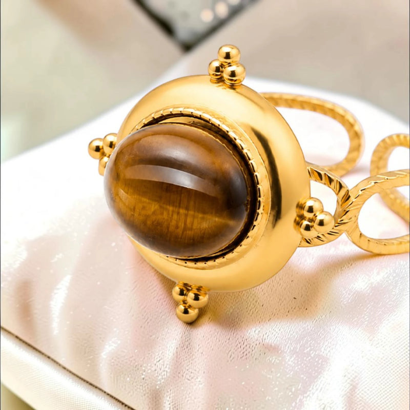 Bague cabochon en Œil de tigre ÉCRIN®, acier doré
