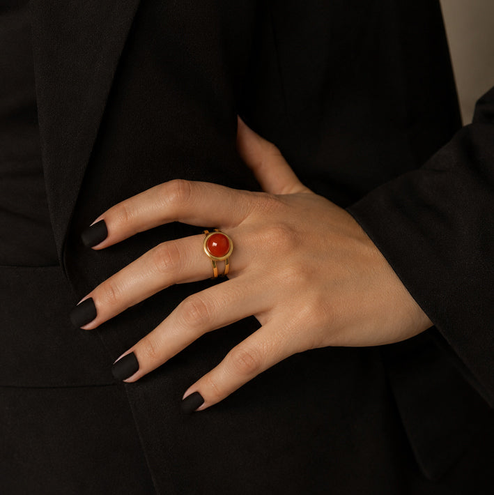 Bague cornaline femme en acier inoxydable doré