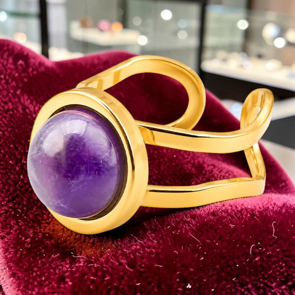Bague double anneau dorée DUALIS® en améthyste naturelle, acier inoxydable réglable