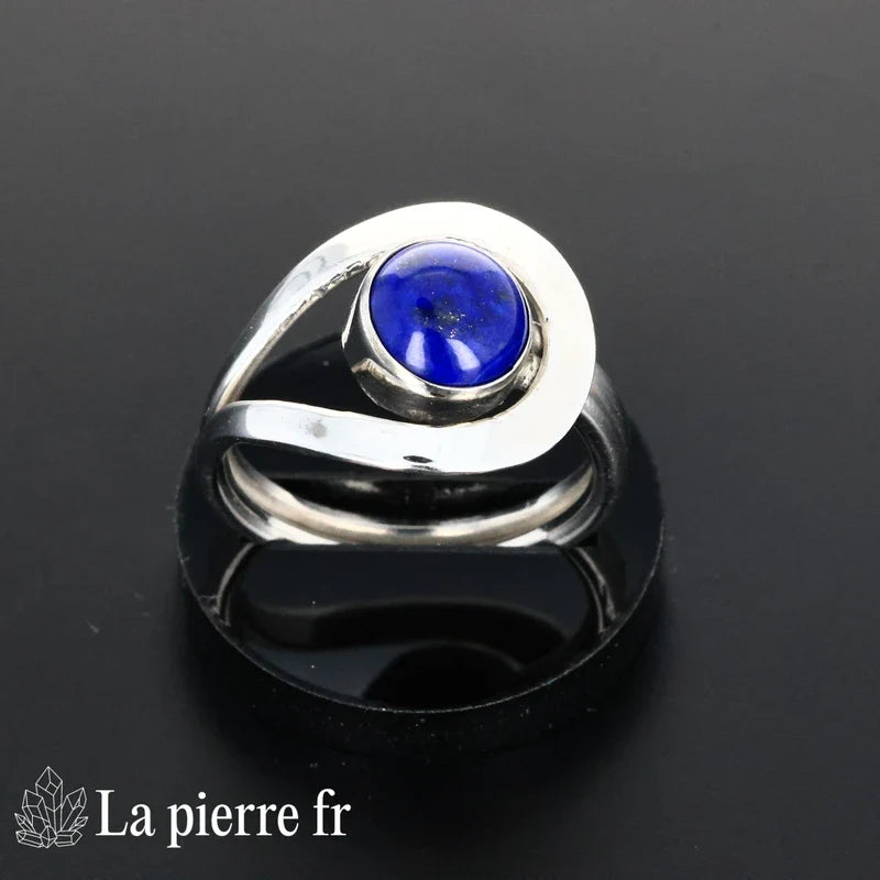 Bague en Lapis Lazuli sur argent 925 rhodié, pierre naturelle bleue veinée d'or pour femme