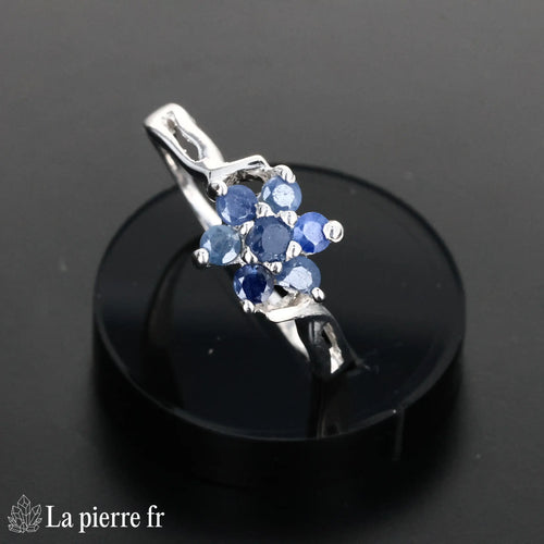 Bague Saphir Bleu à 7 Pierres Facettées, Argent Rhodié (Astréale)