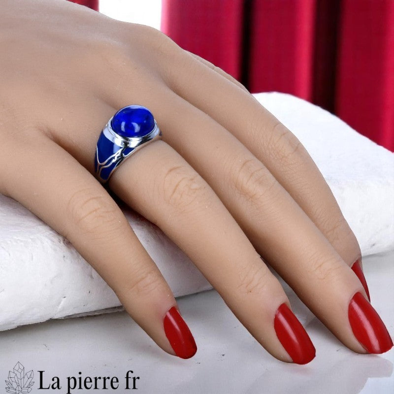 Bague femme style chevalière vintage (Héritage Bohème) en Lapis-lazuli et argent émaillé.