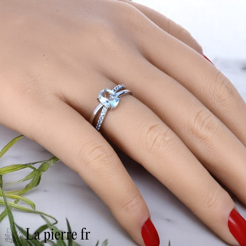 Bague pierre Aigue-Marine véritable en Argent rhodié (Aura Ovale)