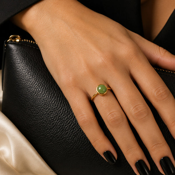 Bague fine femme en aventurine verte et acier inoxydable doré