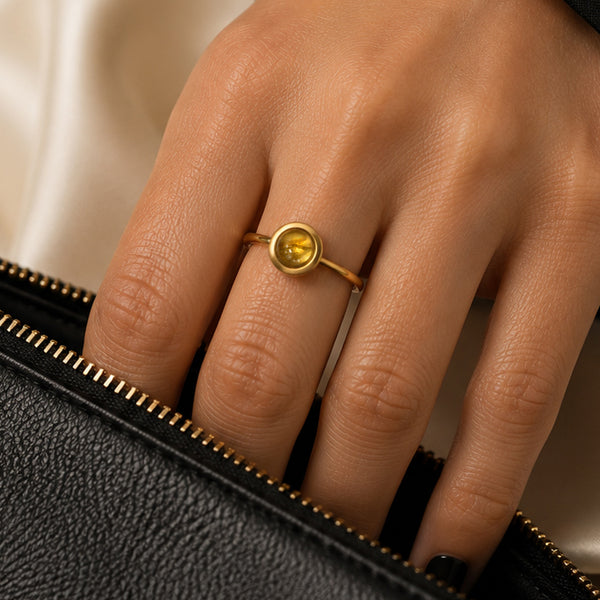 Bague fine femme en super seven et acier inoxydable doré