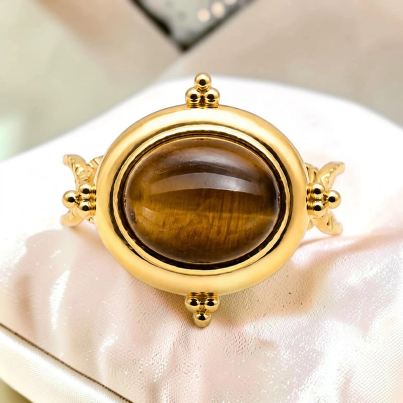 Bague grosse pierre œil de tigre dorée