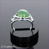 Bague pour femme en argent avec pierre naturelle Jade Vert ronde 10mm cabochon et monture spirale.