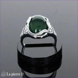 Bague vintage pour femme en argent avec pierre naturelle Jade Vert ovale 10x14mm, finition cabochon.
