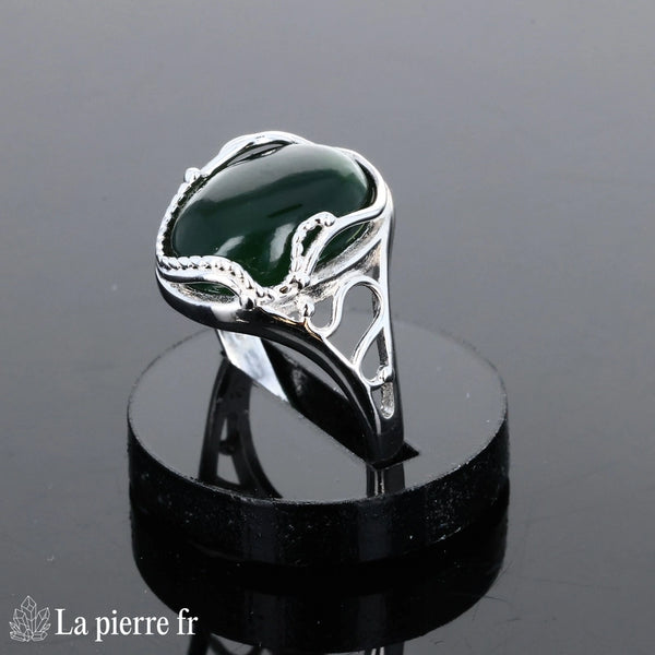Bague vintage pour femme en argent véritable avec Jade Vert naturel ovale 10x14mm.