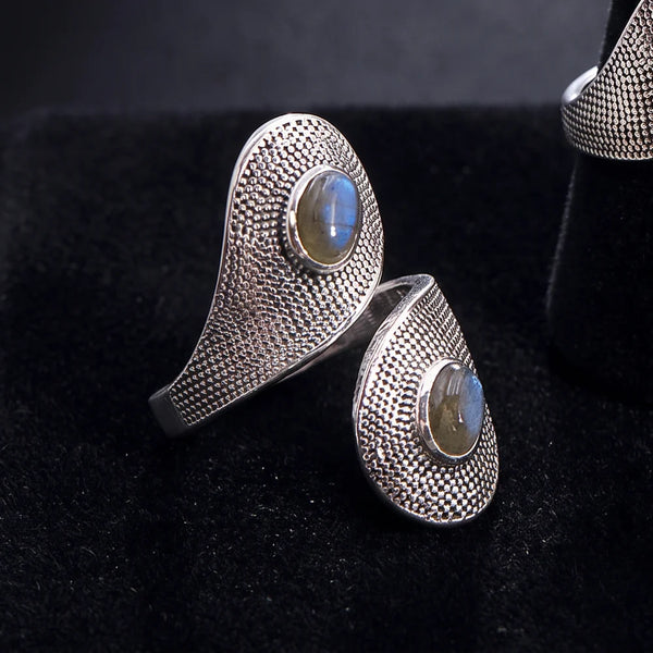 Bague labradorite argent 925 rhodié, deux pierres ovales sur monture croisée texturée