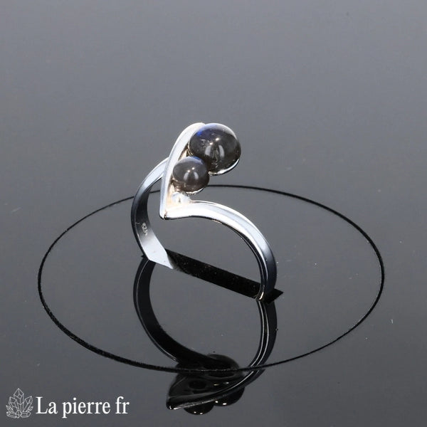Bague Labradorite (Duo Céleste) argent rhodié avec 2 cabochons ronds (4mm, 6mm)