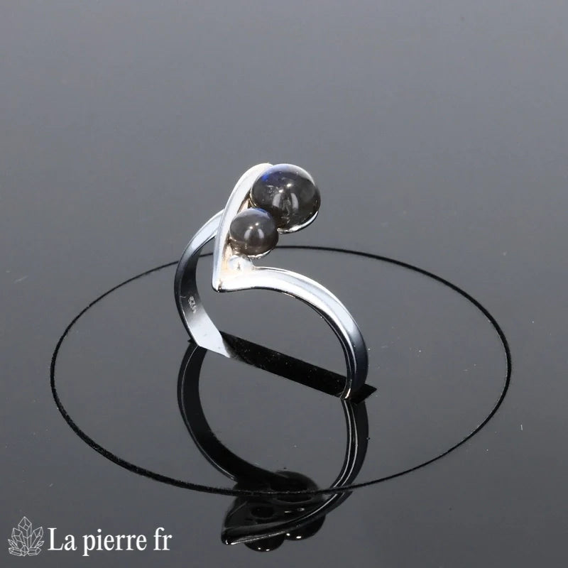 Bague Labradorite (Duo Céleste) argent rhodié avec 2 cabochons ronds (4mm, 6mm)