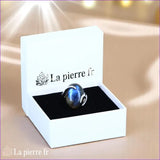 Vue portée Bague Labradorite (Firmament Captif) ovale spectaculaire sur fond blanc