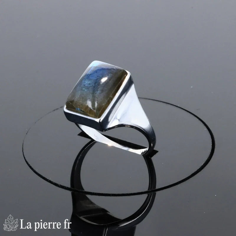 Bague Labradorite (Monolithe Azuré) style chevalière pierre rectangulaire bleue
