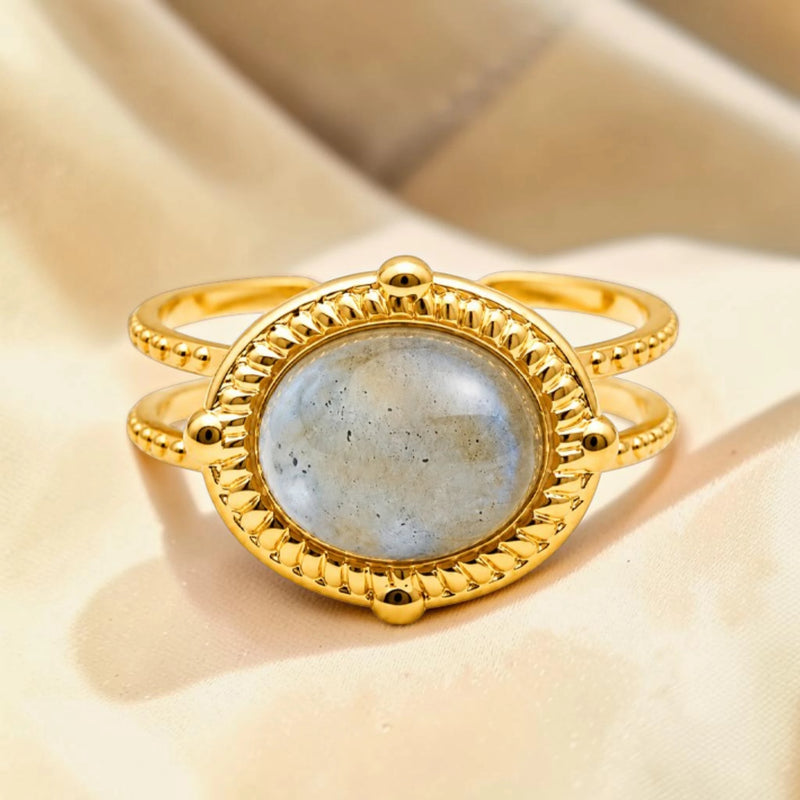 Bague labradorite ovale en acier inoxydable doré