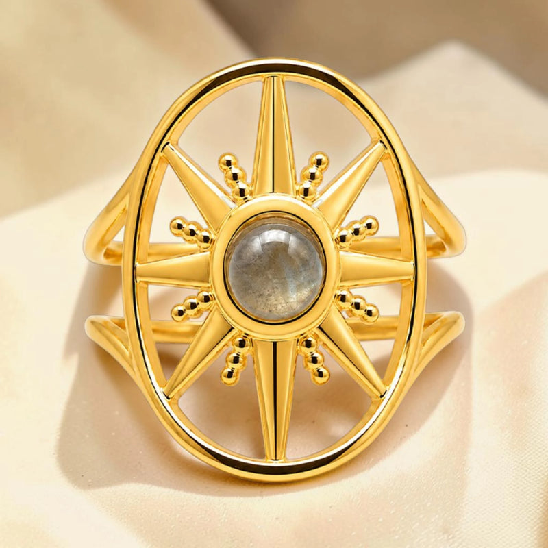Bague labradorite motif soleil en acier inoxydable doré