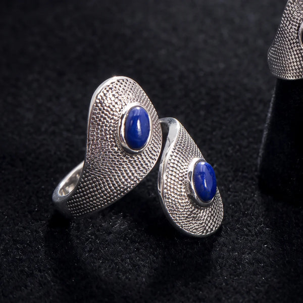 Bague lapis lazuli argent 925 rhodié, deux cabochons bleu nuit sur gouttes croisées