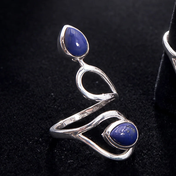 Bague lapis lazuli argent 925, deux gouttes bleu nuit et volutes