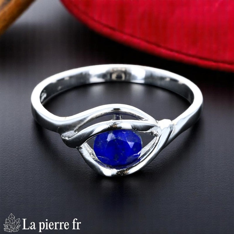 Bague Lapis-lazuli Argent Rhodié (Éclat Azuré) avec pierre ronde facettée de 5mm.