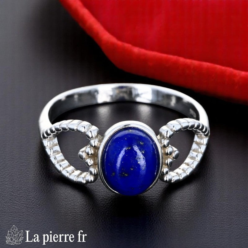 Bague Lapis-lazuli Cœur Argent (Cœur d'Azur) avec pierre ovale cabochon 6x8mm.