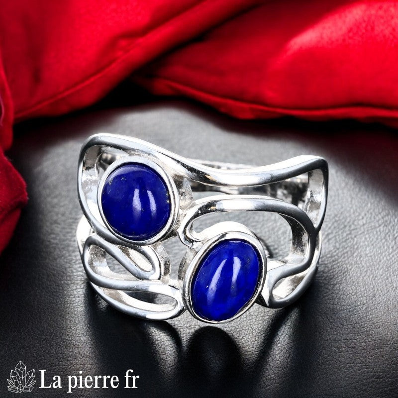 Bague Lapis-lazuli Double Pierre Argent (Duo Céleste) avec cabochons ovale et rond.