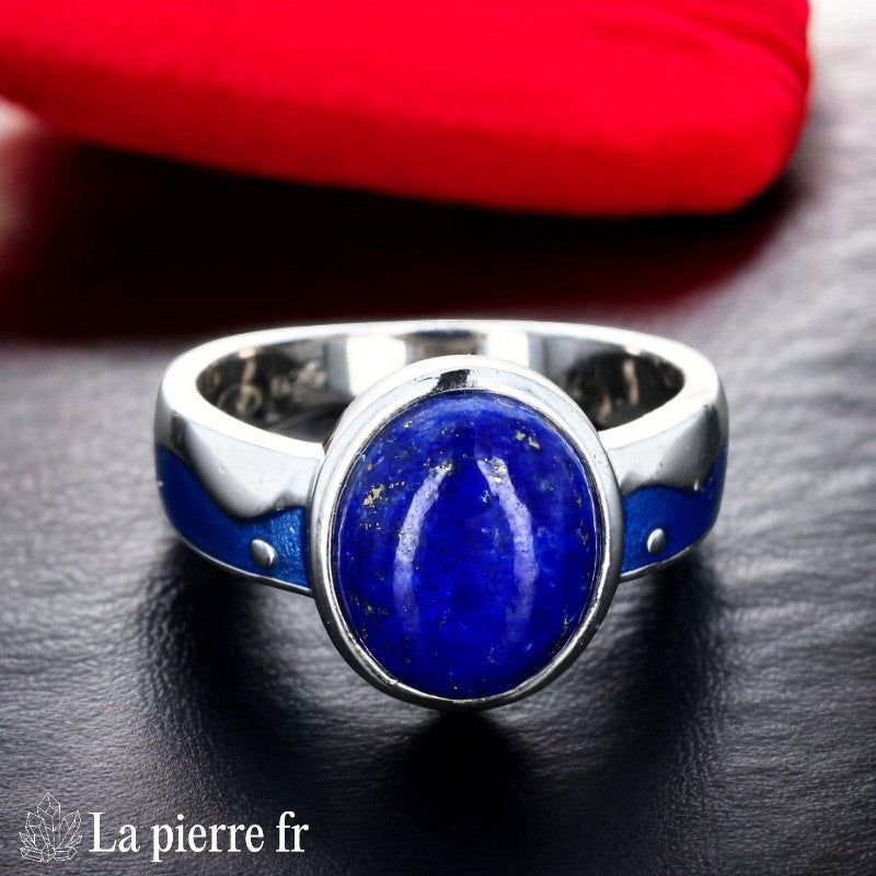 Bague Lapis-lazuli Émail Vintage (Charme d'Antan) avec cabochon ovale bleu 9x11mm.