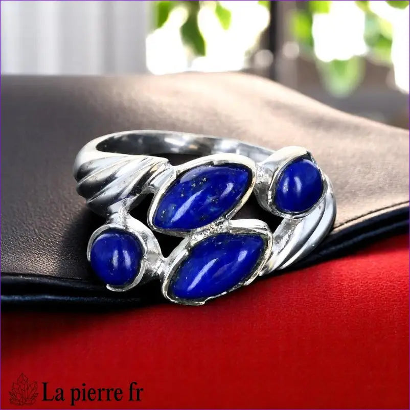 Bague Lapis Lazuli véritable en argent rhodié pour femme (Lactée)