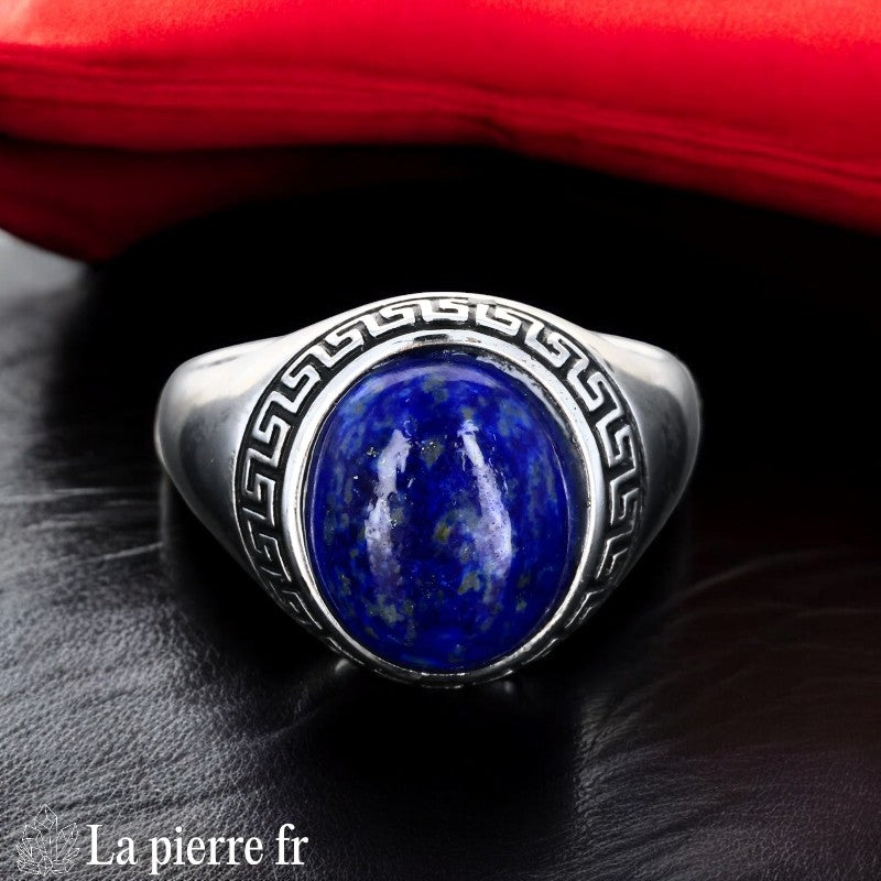 Bague Lapis-lazuli Vintage Émail (Romance Éternelle) avec grand cabochon ovale 10x12mm.