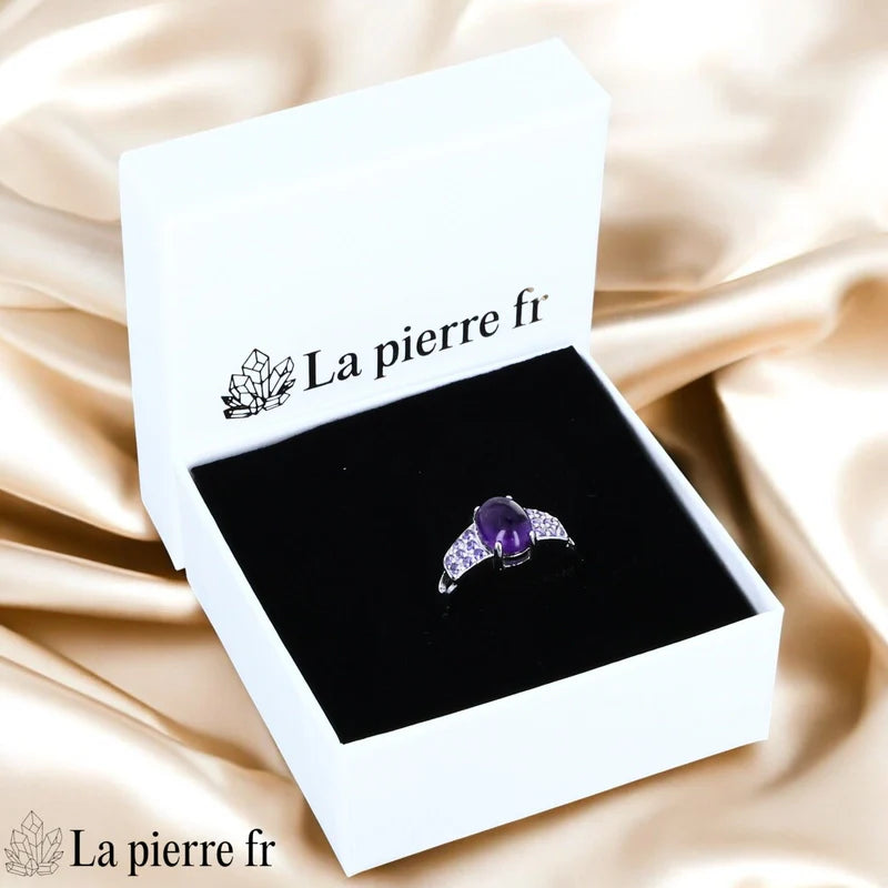Bague lithothérapie pour femme en argent véritable avec améthyste naturelle ovale (taille 7x9mm).