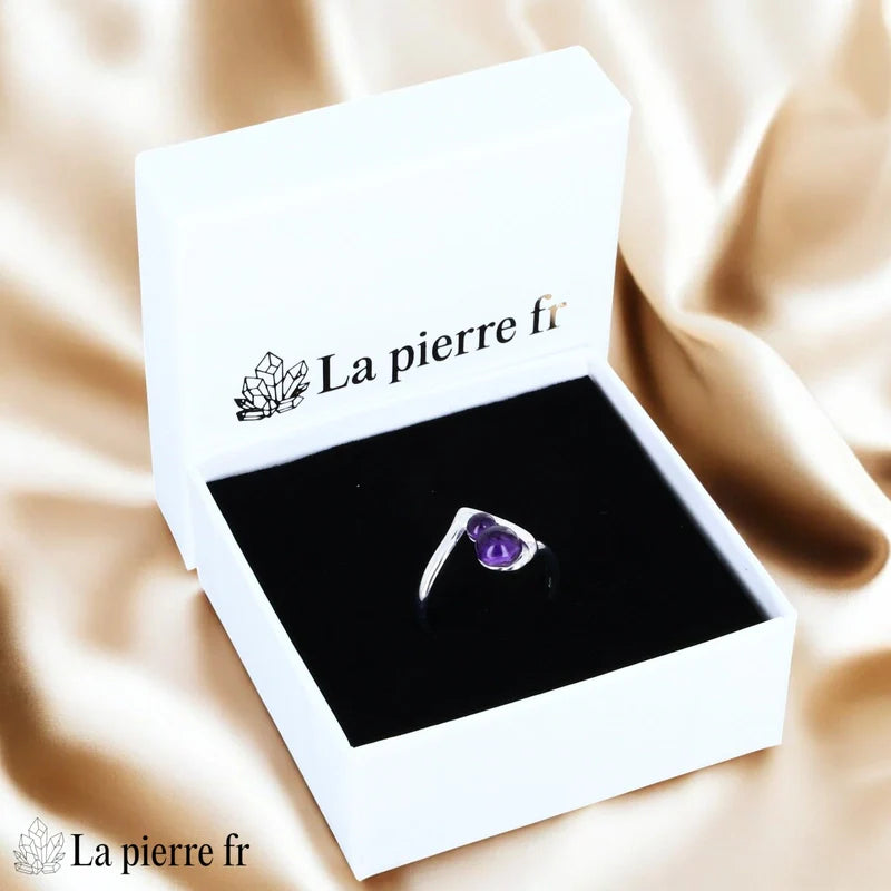 Bague lithothérapie pour femme en argent 925 véritable avec améthyste naturelle.