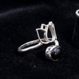 Bague Obsidienne Noire Argent 925, Fleur de Lotus (Lotus)