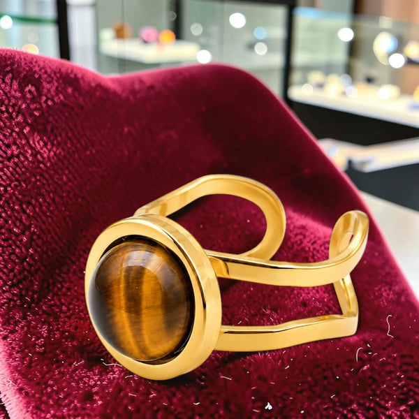 Bague œil de tigre double anneau dorée DUALIS