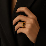 Bague double anneau en Œil de tigre DUALIS®, acier doré