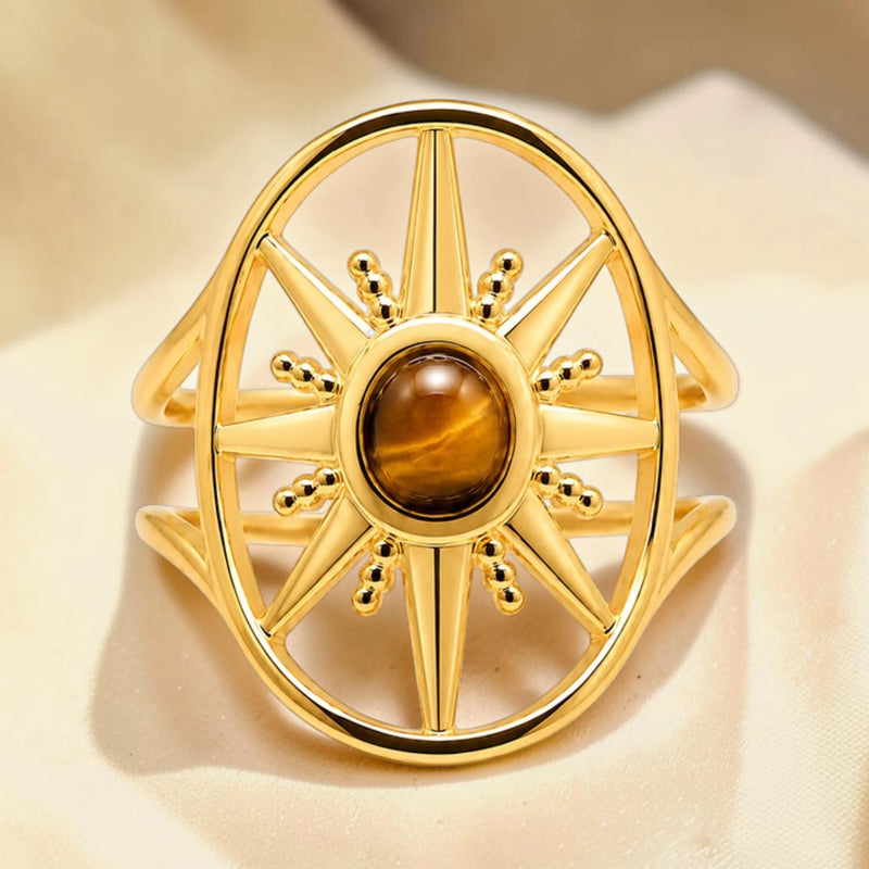 Bague œil de tigre motif soleil en acier inoxydable doré