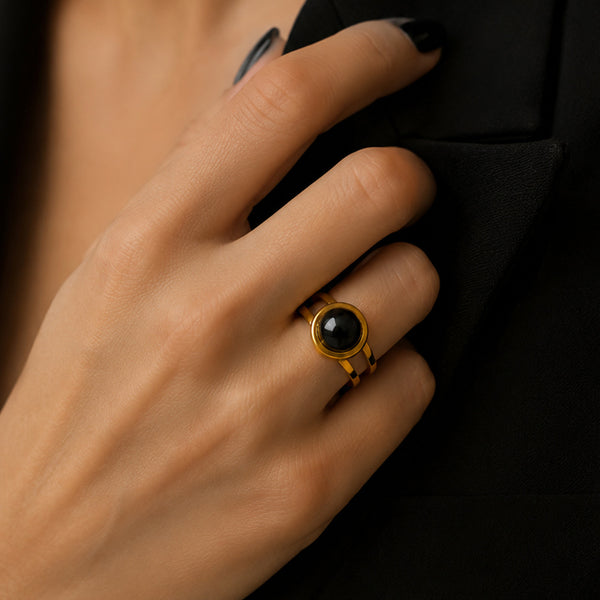 Bague onyx femme en acier inoxydable doré