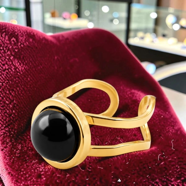 Bague onyx noir double anneau dorée DUALIS