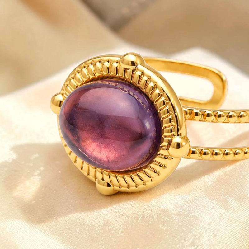 Bague cabochon ovale en Améthyste OVALIA®, acier doré