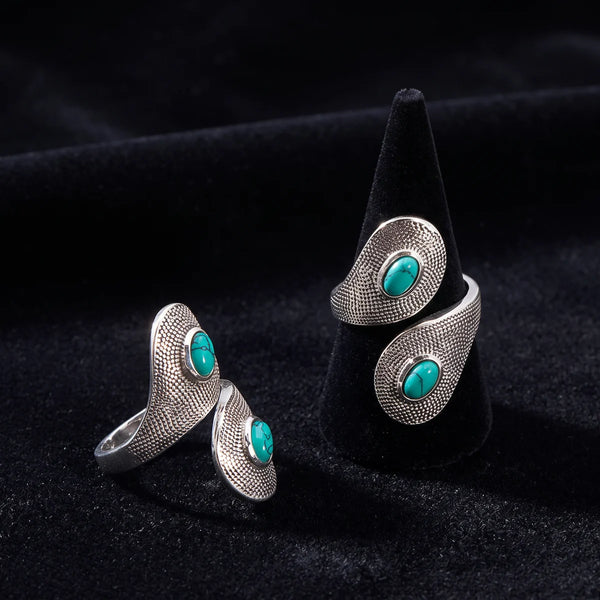 Bague turquoise du Mexique et argent 925, deux cabochons bleu-vert sur cône de velours noir