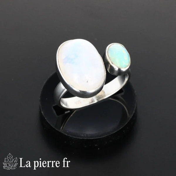 Bague en Pierre de Lune et Opale « Luminae » - Bijoux lithothérapie en argent rhodié pour femme