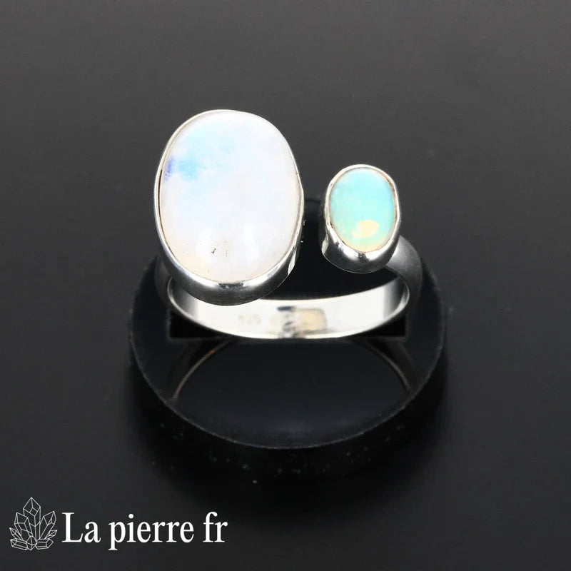 Bague Pierre de Lune et Opale « Luminae » sur argent rhodié, pierre naturelle nacrée pour femme