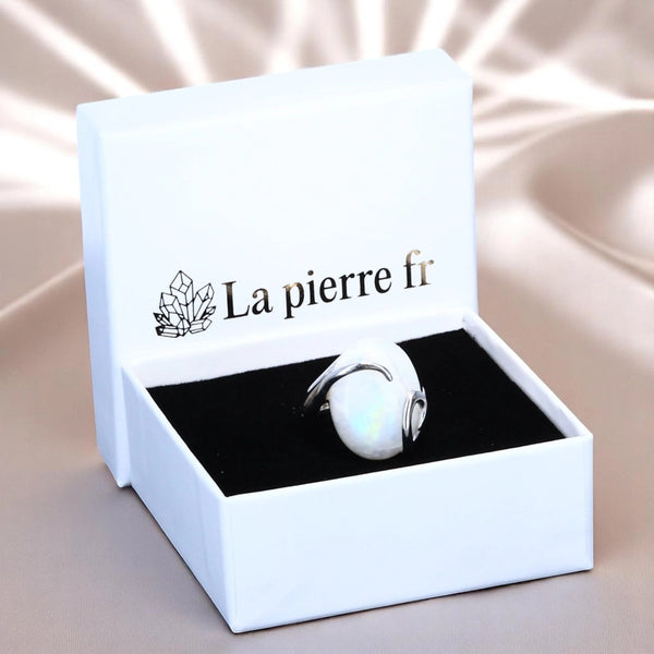 Bague en Pierre de lune véritable – Argent rhodié (Vague Lunaire) en écrin, cabochon ovale 15x20 mm