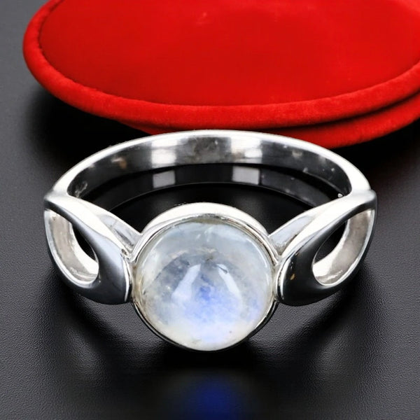 Bague en Pierre de Lune (Pleine Lune) — cabochon rond 8 mm, argent 925 rhodié