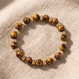 Bague Œil de Tigre Femme MIRÉA®, Perles Dorées en Double Rang, Élastique