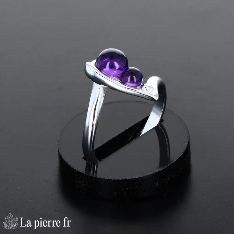 Bague pour femme en argent rhodié avec pierre naturelle améthyste deux pierres