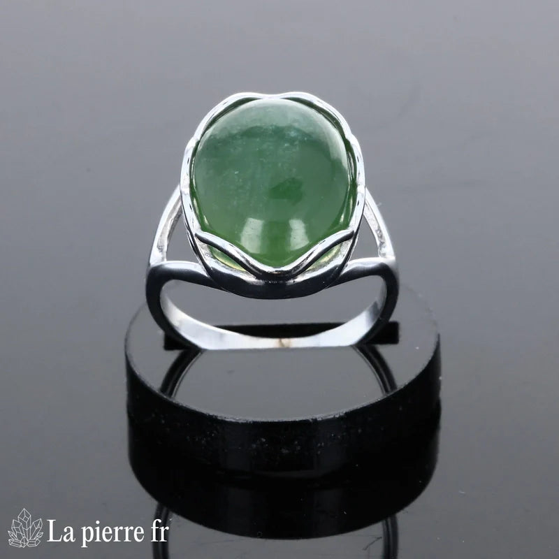 Grande bague moderne pour femme en argent massif 925 avec pierre naturelle Jade Vert ovale 12x16mm cabochon.