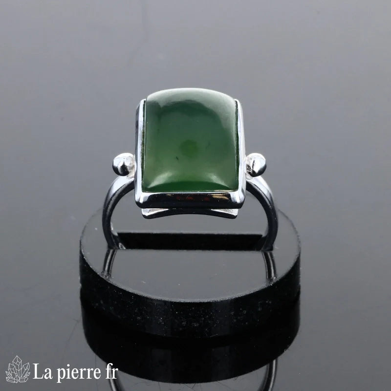Bague pour femme en argent massif 925 avec pierre naturelle Jade Vert rectangulaire 10x14mm cabochon.