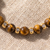 Bague Œil de Tigre Femme MIRÉA®, Perles Dorées en Double Rang, Élastique