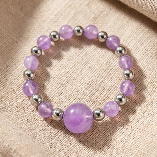 Bague pierre naturelle violette ALÉNA® en perles d'améthyste, fil élastique taille unique