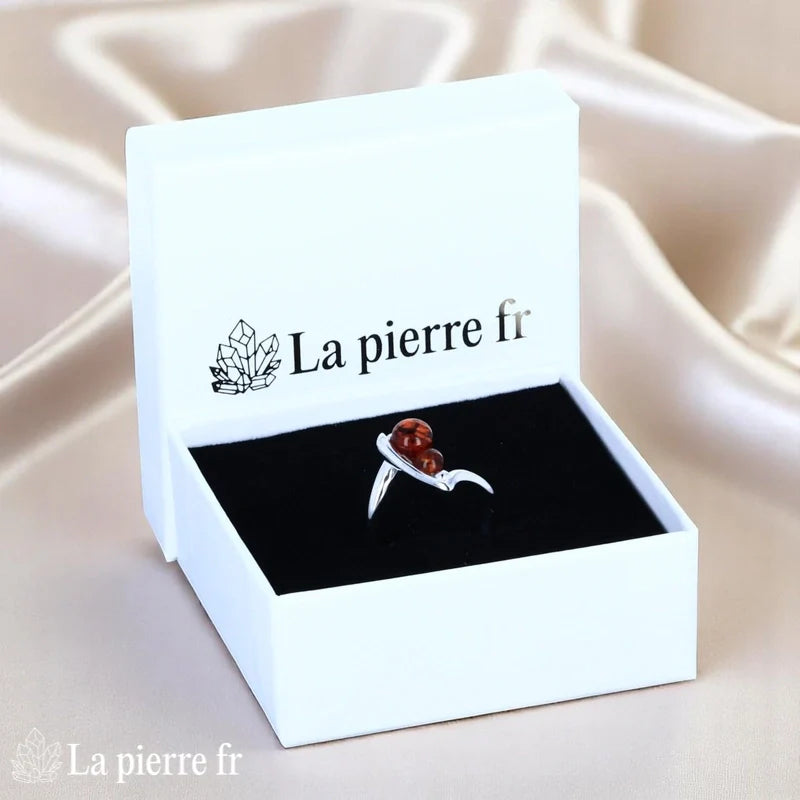Élégante Bague Ambre Argent Rhodié (Duo Harmonieux) style moderne pour femme - La Pierre Fr.