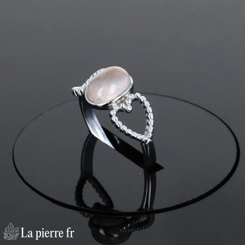 Bague Quartz Rose (Coeur de Velours) argent rhodié monture coeur pierre ovale